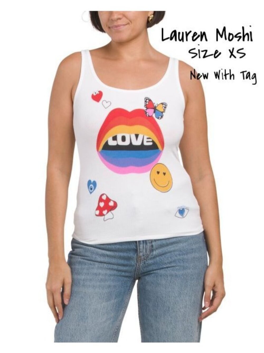 Lauren Moshi Rainbow Lips Tank Top Tee - XS White Love, New with Tags
